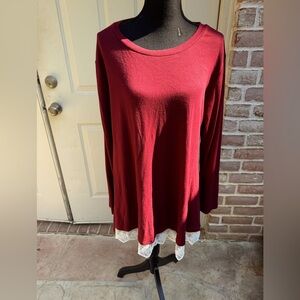 Wekili, Burgundy with White Lace, Long Sleeve, Tunic, Size Large